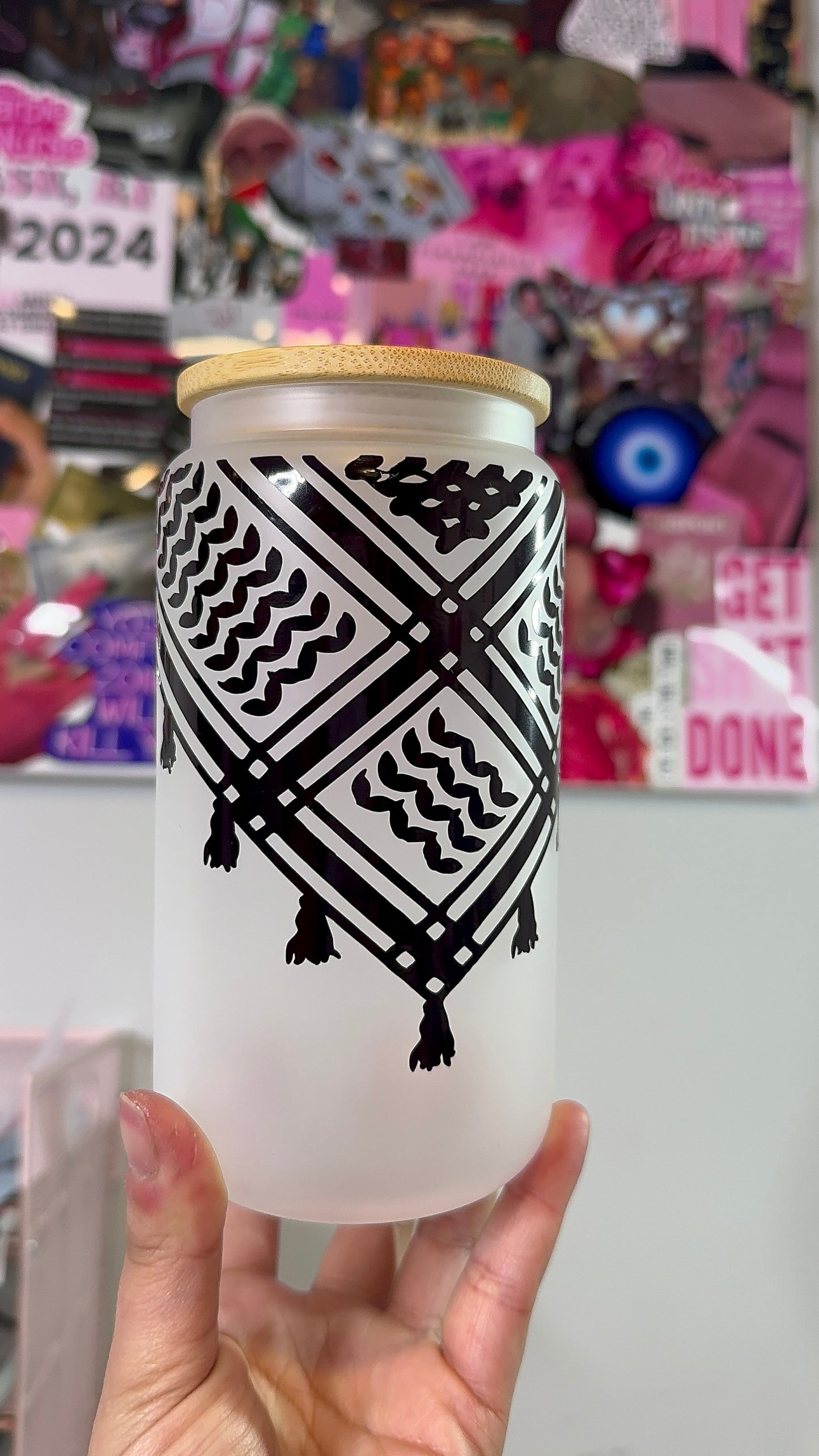 Glass Kuffiyeh Cup, Cute Gift, Palestinian Culture, Tumbler, Can Cup